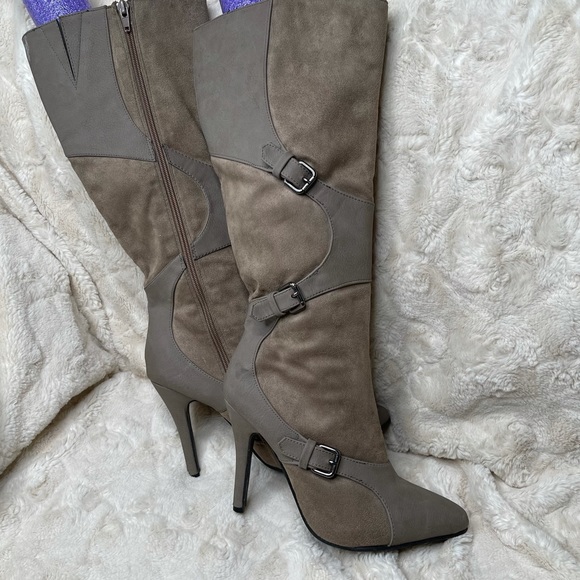 American Exchange Mid Calf Stiletto Boots Grey Buckles - Picture 5 of 13